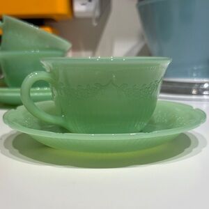 Vintage Fire King Jadeite Teacup and Saucer - Alice Pattern